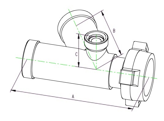 Integral 45° Lateral Tee with Pressure Gauge Port Dimension Diagram
