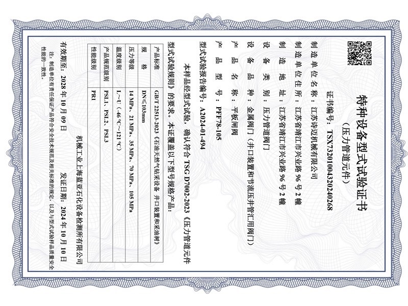 特种设备型式试验证书